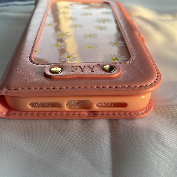FYY Faux Leather iPhone 12 Pro Max pink daisy Wallet with wrist strap - Picture 6 of 14
